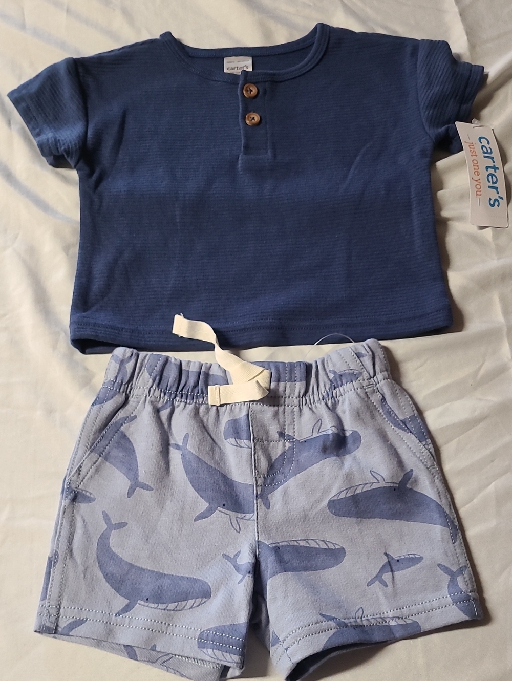 Carter's Navy Ribbed Tee with Light Blue Whale Print Shorts